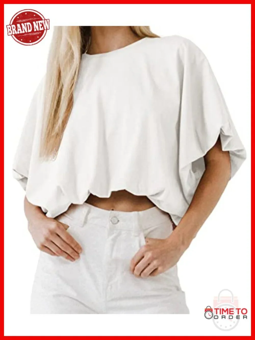 Cropped Bubble Tee Puff Sleeve Crew Neck Loose Fit